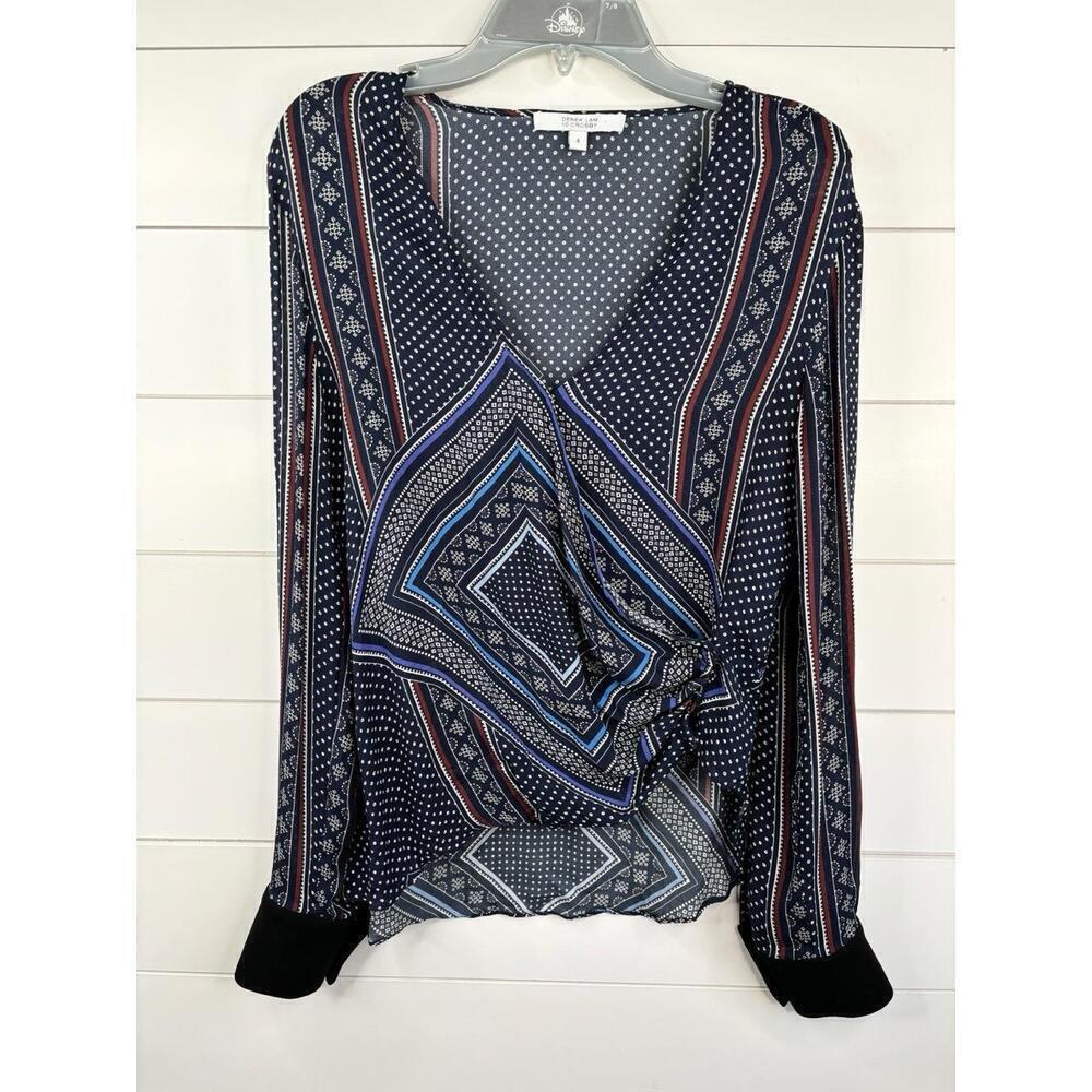 Derek Lam 10 Crosby Long Sleeve V-Neck Swirl Print Womens Blue Top Size 4 Silk